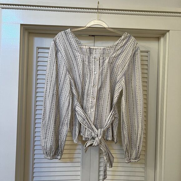 Eley Kishimoto White Black Geometric Blouse Tie Waist Cotton, Size 12 - Picture 5 of 10